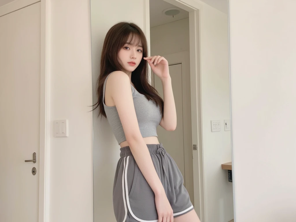 masutepiece: 1.2, Best Quality), Realism, (Real Photographics, Rich Detail Detail, depth of fields), (1 girl, Solo), makeup, high detailing, Perfect face shape, (: 1.4), (dent in the skin), thick thighs, Wide buttock, Thin Waist Line, high, coral, Red lips, Red Eyes, Ponytail (Girls, transparent tulle), (Sweat: 1.2), (Wet), Sexy, blush, (shy expression), suspenders, Tank Tops, Short skirts, Shorts, yoga pant, tight short skirt, Tight shorts, Stockings, Fishnet Socks, pajamas, pleatedskirt, skirt by the, hip skirt,
