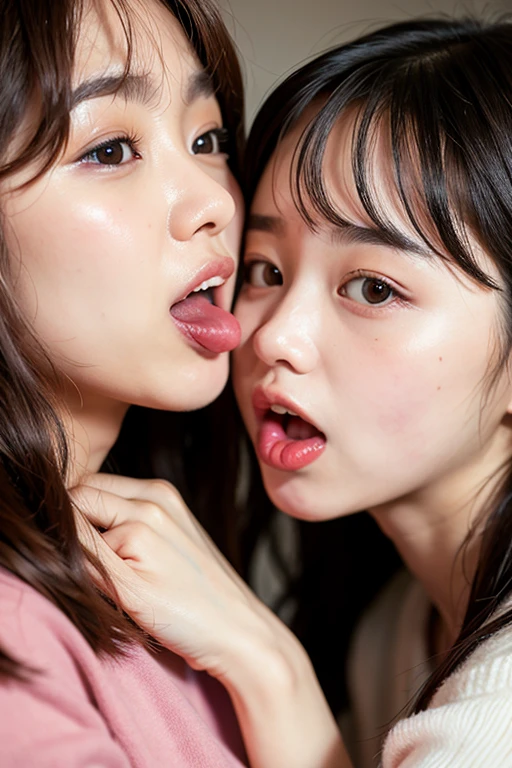 two schoolgirls, dislike kiss, facing each other, no gap, cheeks collide, angry expression, kiss, close contact on crowded train, stuck between girls face, glare