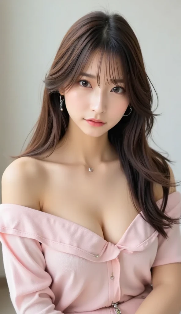 Canon RF85mmf/1.2,masterpiece,highest quality,ultra high resolution,you,1 girl,(korean mixed,K-POP idol:1.2),alone,white_shiny_skin,black eye,necklace,((Brown_length_wavy_hair)),((pink_shiny_lips)),eyelash,前hair,deal with,compensate,shiny,pore,skin texture,bracelet,off shoulder,See-through,big breasts,おでこが見えるhairの分け方、front pose
