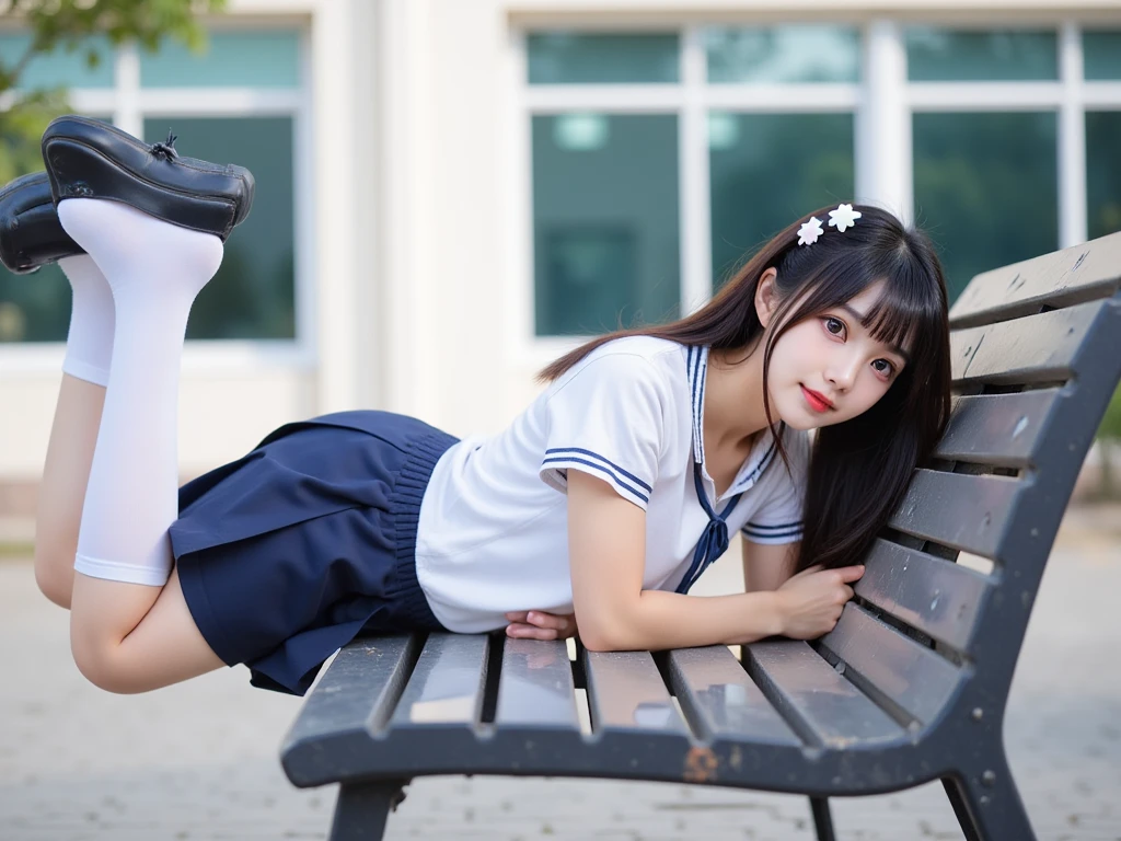 arafed asian girl in school uniform crouching down on the sidewalk, a hyperrealistic schoolgirl, hyperrealistic schoolgirl, realistic young gravure idol, the anime girl is crouching, of a schoolgirl posing, cute schoolgirl, young gravure idol, young pretty gravure idol, realistic schoolgirl, wearing japanese school uniform, japanese school uniform