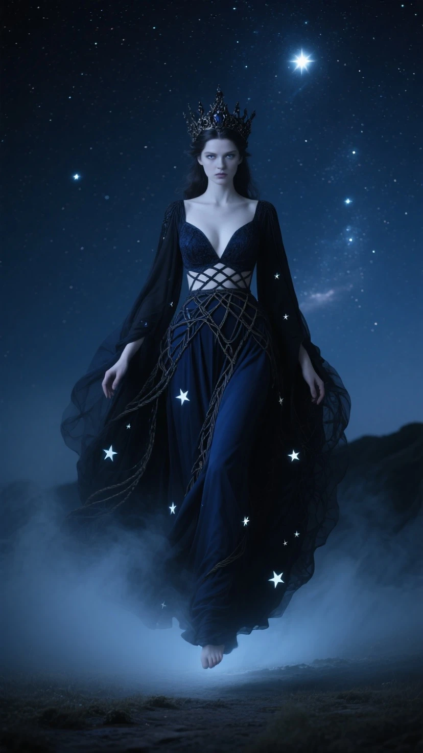 ((Super detailed)),((illustration)),((master paintings)),(((distressed))),((Beautiful and delicate eyes)),(Extremely detailed CG Unity 8K wallpapers,best quality,master paintings),((4K,master paintings,best quality)),A woman who feels like a sister but a little mature,dark blue long hair,Long hair to waist,loose hair,shawl,emerald green eyes,(the only person),The night sky is full of stars,The left hand is slightly raised,There is a ring on the ring finger of the left hand,Dark Blue Oversized Swing Princess Long Dress,Wearing a large navy blue trench coat,There are stars hidden under the skirt,cloak,Dark blue butterflies dance around you,theater background,Star Curtain,Wearing a dark blue veil with stars,sling,on his right hand, He wears gradient blue star gloves,(full body picture),Smaller eyes,(pretty face:1.2),(thinning hair:1.2),((Gorgeous starry sky background)),sit with the stars,The stars are soaring beneath your feet,Stepping on a black hole,dark blue boots