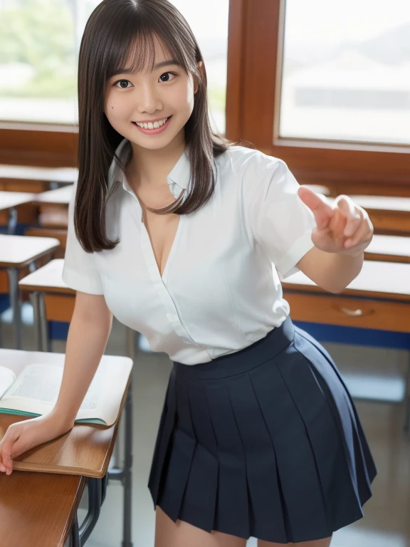 (8K,RAW Photos,highest quality,masterpiece:1.5),(Watching the audience:1.5),smile,Black Hair,(live-action:1.5),(Realistic expression:1.5),(middle School girls:1.5),(School uniform:1.5),(The background is an empty classroom:1.5),(Young face:1.5),(Big Breasts:1.5),Showing beautiful teeth,(Braid),(Glasses),((She lifts her skirt to show her vagina:1.7)),((legs wide open to the sides:1.7)),(Short:1.4),sitting on the desk