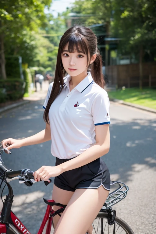 8k、(highest quality)、(masterpiece)、whole body、Very detailed、High resolution、8k、1 girl、Detailed face、(medium breasts)、Thin lips、Cute Japanese Woman、Cute 24 year old beauty、Beautiful and elegant face、Cute face、Natural Bangs、Arched eyebrows、well-groomed eyebrows、(large eyes balanced on the left and right sides,)、Cute eyes、Beautiful Eyes、Beautiful thin nose、Beautiful face line、Beautiful Skin、Medium Bob Hair、Natural Bangs、Slim face、Slim figure、(Smiling and looking at the camera)、Facial lighting、Bright lighting、Professional Lighting、Forward lighting、(Ride a road bike)、(Short-sleeved sailor suit)、(pleated micro mini skirt)、(Outdoor)、