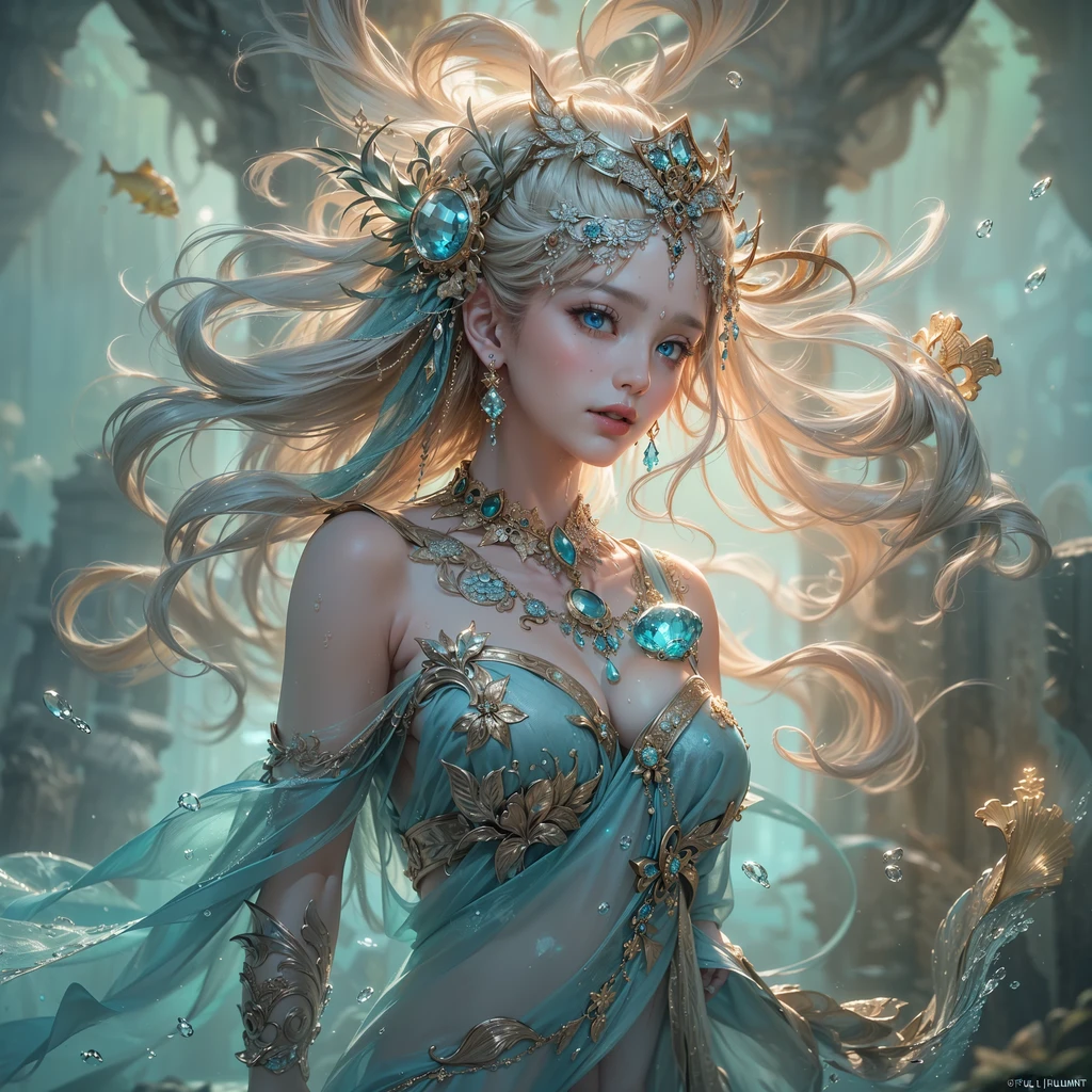 1girl,Beautiful,Magic Style,best quality,masterpiece,(rainbow-candy:0.8),(Half-body:1.3),Ocean,Cool Tone,low saturation,
