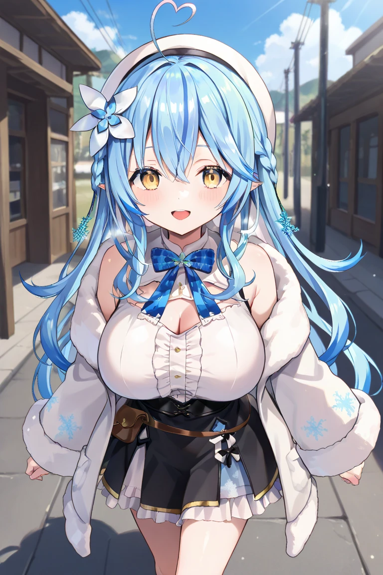 score_9, score_8_up, score_7_up, score_6_up, score_5_up, score_4_up, 
refraction, caustics, rim lights, backlighting, bloom, 
night, dark, purple theme, snow, snowing, white theme, 
BREAK
1girl, solo, blue hair, long hair, two side up, hair between eyes, green eyes, blush, smile, closed mouth, 
large breasts, 
hair ribbon, pink scarf, plaid scarf, 
school uniform, blue blazer, yellow vest, sweater vest, long sleeves, sleeves past wrists, 
shoulder bag, school bag, 
open clothes, open jacket, covered nipples, 
looking at viewer, upper body, heavy breathing, mist, steam, 
<lora:SanshokuAmido-v1-PDXL:1>