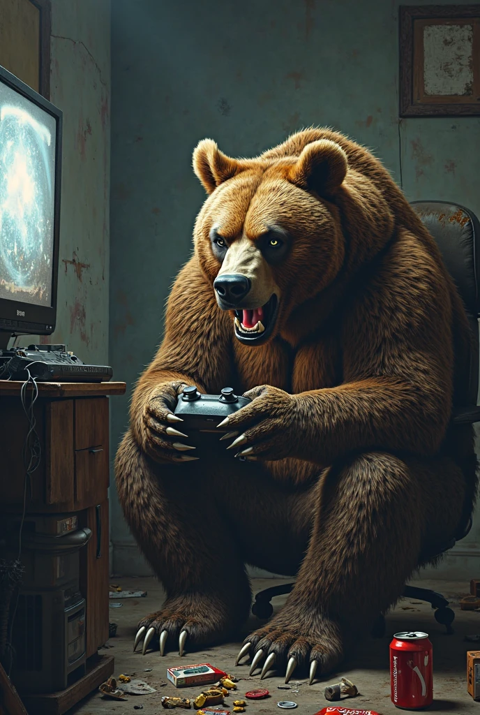 A muscular anthropomorphic character with features of both a human and a bear,He's sitting on the couch playing Xbox.The body is thick and broad.The body is fat but strong like a bear.With a beard.A little bigger, a little fatter, a little wider Just a big guy.The body is a little wider, a little taller, and huge, A muscular anthropomorphic character with features of both a human and a bear,The male characteristics are obvious.Very handsome,3d color animation modeling