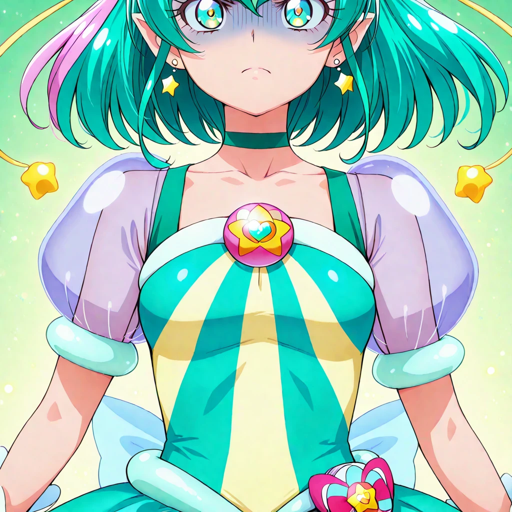 1girl,solo,(cowboy shot),standing,(green hair:1.2),long hair,pig tail,(blue eyes:1.2),freckles,(beautiful fingers:1.6),(perfect anatomy:1.6),(arms_behind_back:1.6),(cold_shoulder:1.2),(green hanfu:1.4),(green
leotard:1.6),(leather lace glossy silk lamé:1.6),(latex luster shiny glossy metallic:1.6),(shiny_clothes:1.6),(medium breasts),beautiful breasts,masterpiece,best quality,(Ultra high definition eyes:1.2),8k,(Beautiful detailed eyes:1.2),(Fine and beautiful eyes:1.2),(pretty eyes:1.2),finely detail,extremely CG, absurdres,high resolution,illustration,Detailed and beautiful outlines,finely detail,high resolution,(colorful refraction:1.4,Increase saturation:1.2),beautiful lighting,dynamic lighting,closed room,black background,simple background, smile,looking at viewer,maomao,(white Clear PVC sheets sleeves:1.4),(sheer sleeves:1.4),(see-through sleeves:1.4),(wide sleeves:1.2),(green thigh boots:1.4)
