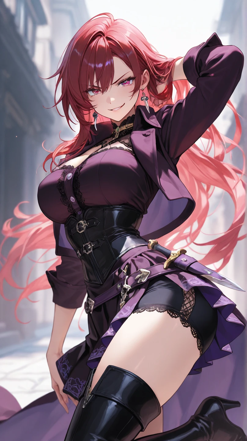 redhead woman with purple eyes.