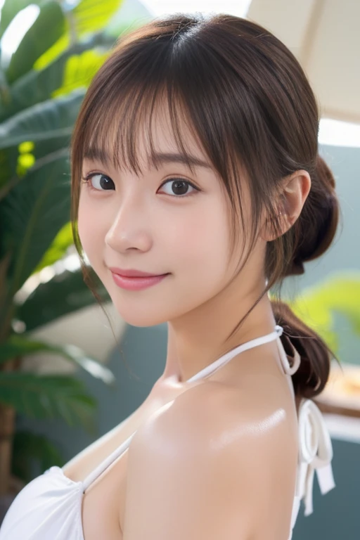 ((standing:1.5)), ((Front view:1.5)), ((medium shot:1.5)), ((outdoor:1.5)), ((private hotel pool:1.5)), ((in the night:1.5)), BREAK Beautiful woman, short woman, short arms, ((small eyes)), fleeting atmosphere, ((thin eyebrows:1.2)), ((thin lips:1.2)), ((38 years old: 1.5)), ((dynamic pose:0.6)), BREAK ((stylish bikini:1.5)), ((Shy Smile:1.2)), ((Scared:1.5)), ((frightened:1.5)), BREAK ((look into the viewer's eyes:1.5)), ((looking at viewer:1.5)), ((a very small mole on her left cheek:1.2)), BREAK ((long ponytail hairstyle:1.5)), ((japanese long side bangs:1.5)), ((asymmetrical bangs:1.5)), (top-quality, 16K, ​masterpiece:1.3), top quality, masterpiece, high resolution, photorealistic, (raw photo), live shooting, 16k wallpaper, perfection, professional lighting, very detailed, fine details, Hyperrealism, hyper realistic, realistic, japanese, (super detailed), (Photorealsitic:1.5), high-level image quality, very detailed, depth of field, (most beautiful), (dramatic lighting:1.2), (cinematic lighting:1.2), ambient lighting, (front lighting:1.2), highest precision, detailed fingers, detailed hands, detailed eyes, detailed skin texture, textured skin , realistic smooth soft skin, (perfect body proportion), (seductive emotion:1.3), (soft and plump thighs:1.2), ((short torso:1.5)), detailed face, detailed finger, clear eyes, gentle eyes, accurately drawn arms, accurate and perfect human ???????, white and soft thighs, realistic smooth soft skin, real human skin, realistic skin texture, pores,
