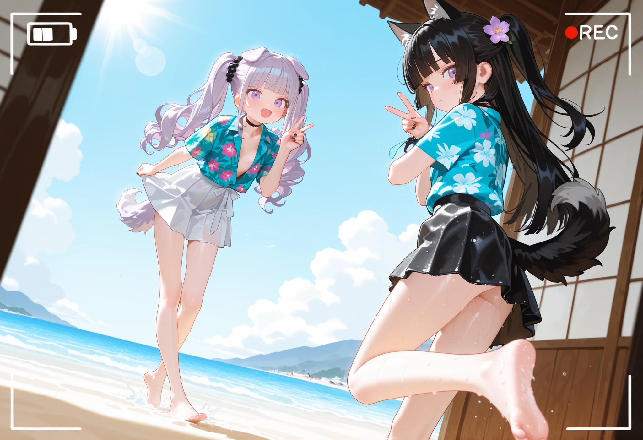 2girls, lavender eyes, Black Hair, light lavender Hair, blunt bangs, hime cut, Medium length ponytails, curly hair, Full head of hair, dog tail, dog ears, white flare skirt, black Hawaiian shirt, flower pattern, Choker, bare legs, bare foot, wet foot, nail polish, black nails, masterpiece, best quality, Perfect details, perfect composition, Perfect face, Perfect hand, absurdres, newest, very aesthetic, amazing quality, highres, film grain, Focus on the character, Cinematic, dramatic, Magnificent, cute expression, doremi, hwansang, mx2j, looking at viewer, peace sign, tools, Hair beads, jk Decoration, shy, dancing, outside, music effect, Rhythmic, jk, gyaru girls, beach theme, duo, partner, pop effect, comics effect, camera, summer, hot, funny, anime, tall girls, slender girls, sweat, Hidden camera situation, Seduce,