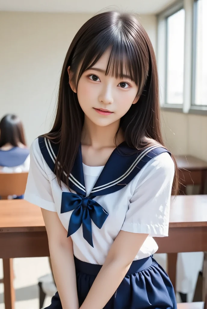 (masterpiece, highest quality:1.2), 8k, Young and beautiful girl, 85mm,Official AR RAW Photos, Baby Face、Big  in clothes、show me your ears、photo shoot, Cute face, Thighs, Classroom after school, Looking at the floor, Embarrassing、smile、No makeup, Film Grain, chromatic aberration, Sharp focus, Face Light, Bright lighting, 10 generations, Detailed face, Background blur、((((((18 year old high school girl))))))、Narrow waist、Sailor suit、Not wearing a skir、vagina/Pussy
