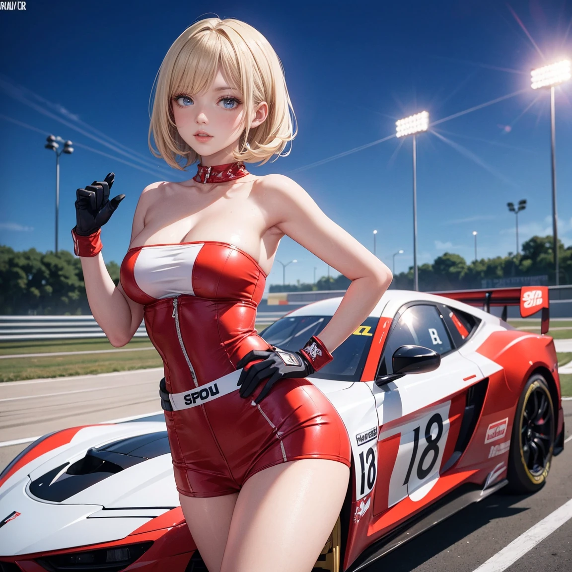 Take photos in a narrow angle.,Realistic 8K images,high definition,Masterpiece,Complete anatomical details,Model poses,Angel riding a motorcycle, Blond hair flowing, sweet smile, and wore a red bikini with gold stripes.