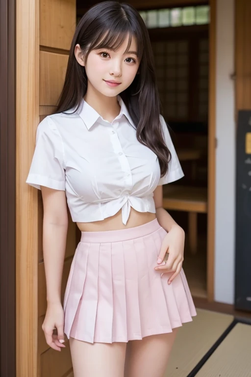 Beautiful 13 year old Latina teen, short sleeve shirt, pleated mini skirt, zombie girl, white eyes, peeing