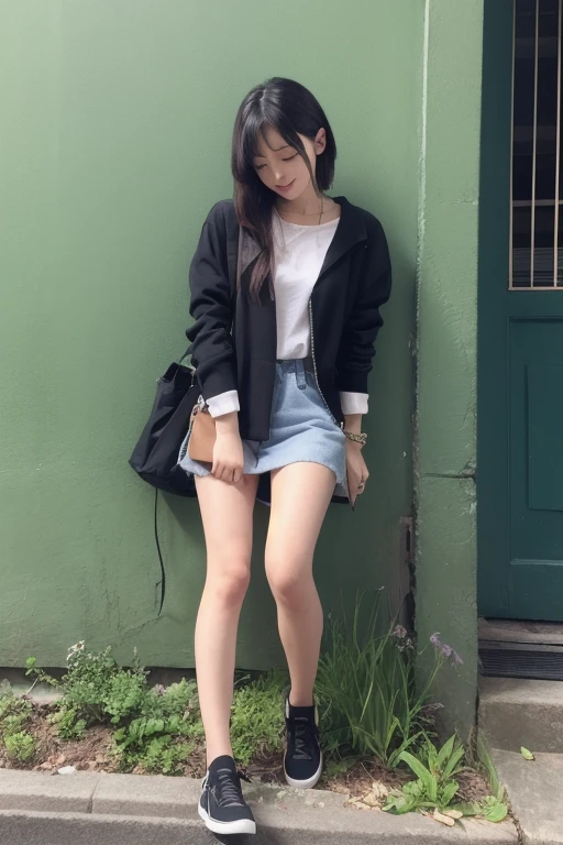 photo of a japanese girl, , black cap, black sweatshirt, denim mini skirt, smile