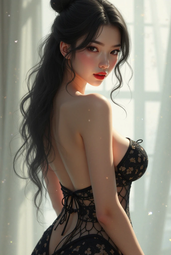 Best Image Quality, Masterpiece, Ultra High Definition, (Fidelity: 1.4), Photo, 1 Woman, Torn Sailor Suit, Movie,Room, Bed, (Ripped Clothes: 1.5), Naked Shoulders, Yawning Face, Sleepy Face, Wet Crotch, Seduction, Seductive Face, Random Hairstyle, Smile, Rough Breath, Lying on Your Back, Lying Up, Raising Your Arms, HyperSmoke, Dark Background, Black Background, wlop, from above,