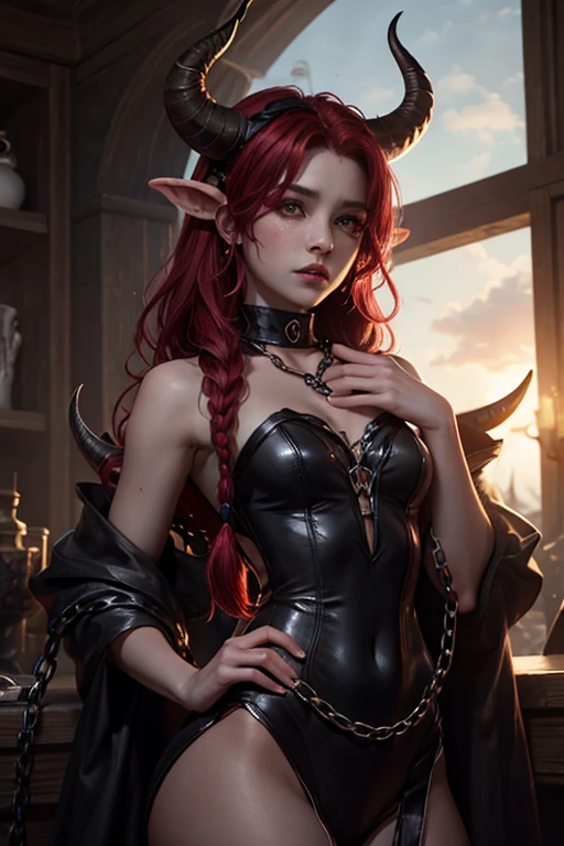 (masterpiece: 1.5), (best quality: 1.5), high resolution, Very detailed, full body portrait，3 minutes rice,Two black horns on the head，monocle, sharp edges，waist-to-hip ratio，red skinned succubus, Short red hair mature and neat, alone, humble,Waiter， servant，stick out tongue，Close eyes，Sven scum，Serious, bend over，vest, lace，obsidian，data, low contrast, Vivid lighting, Atmospheric depth, masterful technique,Symmetrical composition,black background，Red windows， Creative improvements, eye-catching, Evocative tone, captivating coloration, dramatic lighting