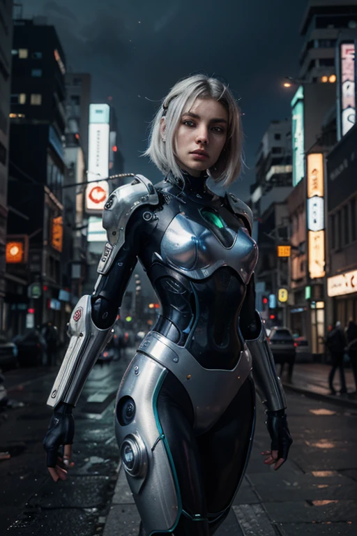 ((masterpiece)), (((best quality))), ((ultra-detailed)), ((illustration)), reflection, sharp focus, front lit, intense shadows, realistic (beautiful detailed eyes), eyelashes, an extremely delicate and beautiful girl, (wolf ears:1.2), ((red eye)), silver hair, long hair, navel, large breasts, shiny skin, (machanical_parts:1.1), (robot_joints), silver letter embroidered transparent|white latex suit, mask cinematic lighting, ray tracing, Depth of field, dynamic angle, looking at viewer, (((cyberpunk city))), (((the best building))), (((rain))), (blood on face) <lora:aMechaMusumeA_arc:0.75>