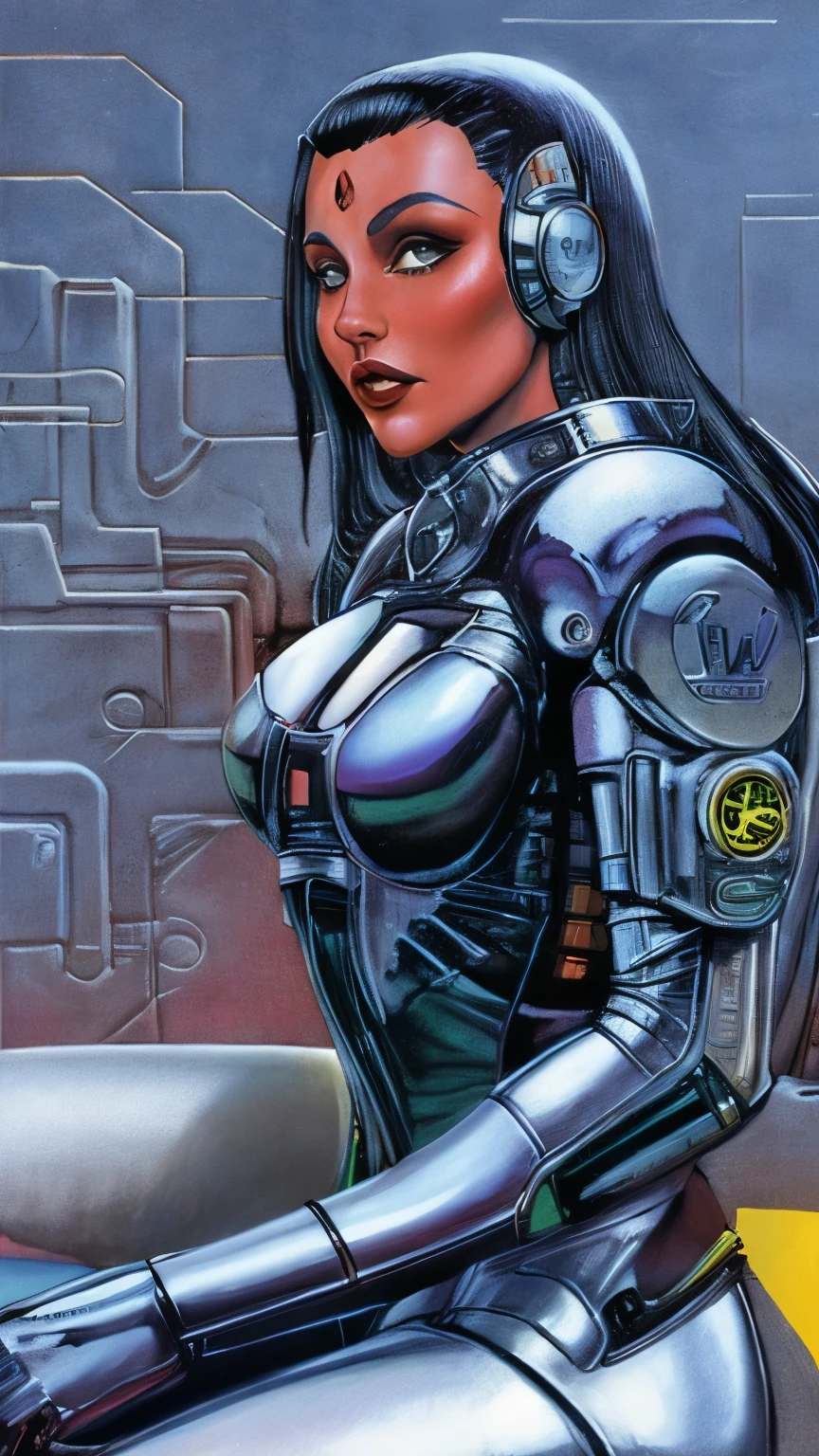 high quality, 4k, masterpiece, beautiful, Rita Faltoyano, cowboy shot, dull eyes, front, looking at viewer, long blonde hair, girl, huge breasts, fit thighs, robotic arms, robotic body, cyborg body, yellow & white uniform, orange accent, intricate detail, joint, detailed lines, robotic detail, holding fist up, holding hand up as fist, color robotic parts, robotic parts with color, perfect fingers, simple white background