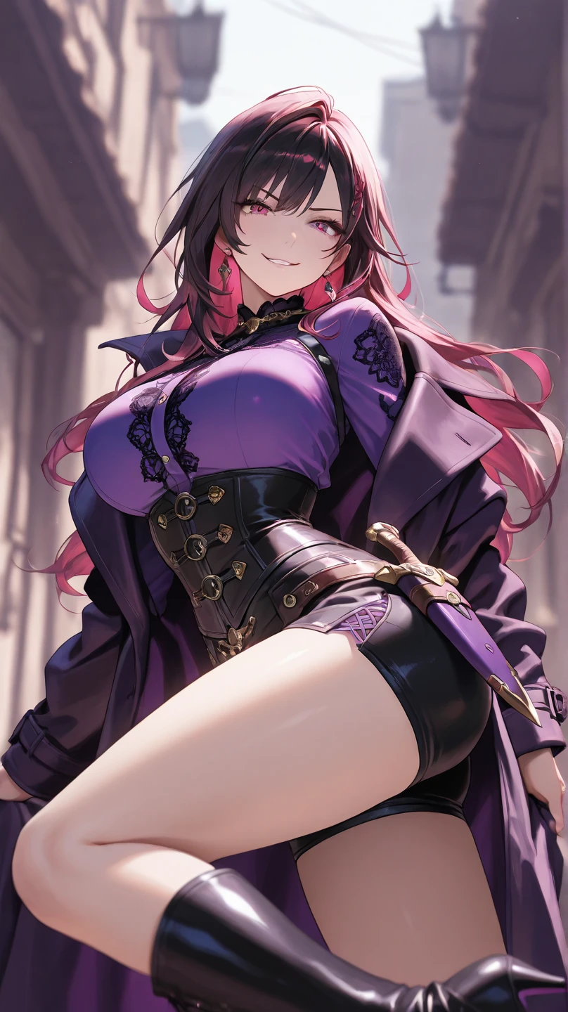 (Top resolution、Distinct_image)top-quality、A girl、masterpiece、highly detailed, half body, Semi-realistic、purple eyes 、18year old, dark red hair,young 、Exquisite facial features、Facial features ,variation potrait, long hairstyles, teenage, cool , cold sharp eyes, An expression of despair., lifeless eyes, blood on face, , {Very detailed 8k CG unit wallpaper}, Handsome, solo, female, vampires, dark cloak , loyalty , black clothes, vampires fangs