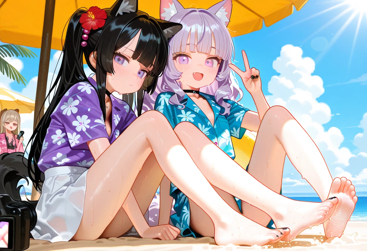Two young looking girls、under teen、AとB、Both A and B are completely naked and not wearing any clothes.、The two of them are playing together。 
A’s appearance is、Raccoon ears on head、Layered bob hairstyle、Hair color is blue、Dark blue eyes、Collar with blue ribbon、A raccoon&#39;s tail coming out of his ass、The overall fluffy and cute atmosphere。 
B’s appearance is、Fox ears on head、Hairstyle straight long、Her hair color is orange.、Hazel Eyes、Collar with pink ribbon、Fox tail from the ass、Overall a lively and cute atmosphere。 
The background is a tropical beach with palm trees.、Both of them have cute poses、Lesbians having sex on the beach, touching and fondling each other&#39;s bodies。 
A composition that includes both people&#39;s entire bodies in the image、Painted with pen and watercolor、Moe art。