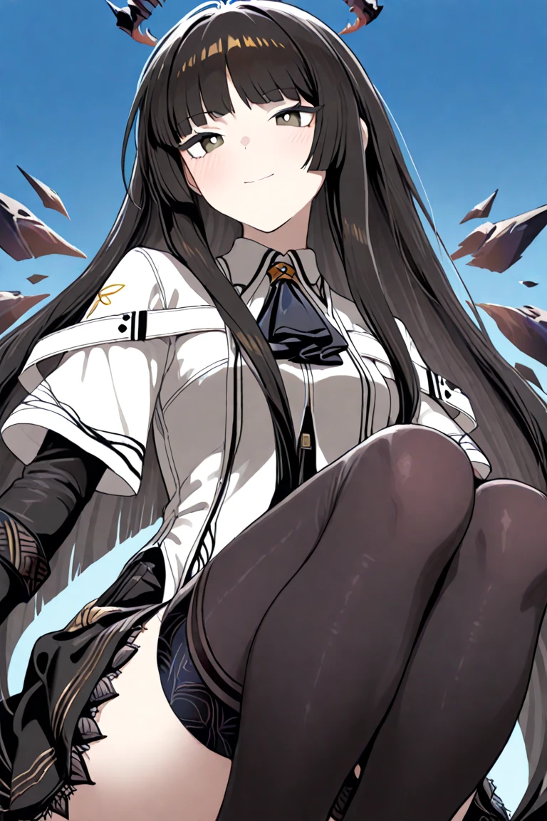 (score_9, score_8_up, score_7_up), feet focus, 1girl, VirtuosaBase, black eyes, long hair, hime cut, broken halo, black ascot, white shirt, capelet, black sleeves, black gloves, belt, black skirt, energy wings, looking at viewer, small breasts, smile, closed mouth, black thighhighs, sitting on sofa, crossed legs, from below, low angle, ground level, feet focus, feet, good feet, white background,