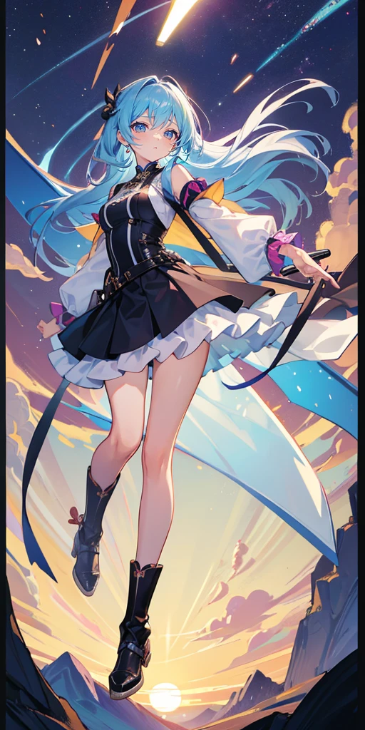 A high resolution,Collection style,Gorgeous blue sky,Meandering creeks and dense forests,Smiling figures,Light blue tone,The background color is predominantly blue and green, kamisato_ayaka,with hands behind her back,The skirt flutters in the wind