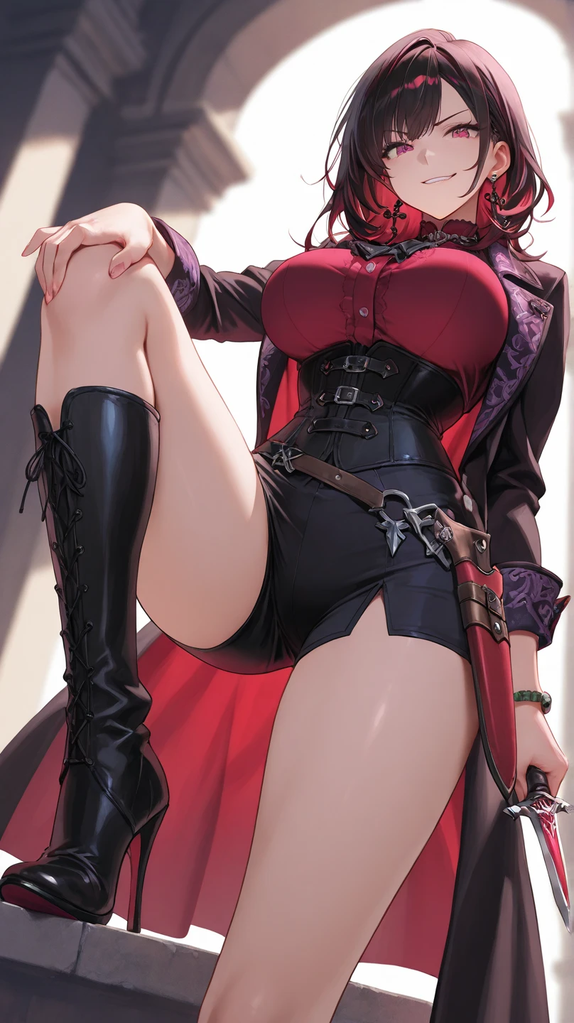 holding a riding crop, domina leather clothessitting on a throne, sitting on a armchair full body, dominant seductive facial expression, leather miniskirt, sitting laterally, realistic, Beautiful detailed girl, clear and beautiful, Personage as the main perspective, shiny_skin, girl,woman,female, young,25 years old, (medium hair), bangs, (Top knot:1.3), sidelocks, red hair, (beautiful detailed Glass hair),beautiful detailed cold face, cold expression, complex details beautiful and delicate eyes, fingernails, medium_breasts, , green eyes, Authentic skin texture, (piercing), necklace, knee_boots, bloom,(line art:1.2),realistic illustration,unreal engine,(GoPro),insanely detailed,perfect shading,digital art,(ray tracing)