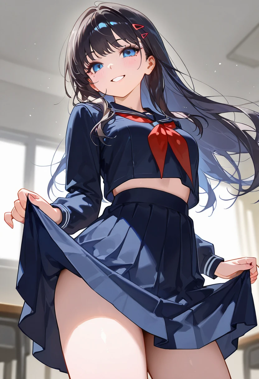 (1 girl),(high quality), (High resolution), (extremely detailed), (8K),(lower body shot),(She is wearing panties under her school uniform and short navy pleated skirt.),(wearing black knee-high stockings)not wearing shoes,perfect writing,(Beautifully erect nipple shape:1.2),High resolutionの美しい目,(neutral white lighting:1.2),Dancing in another world with strong winds