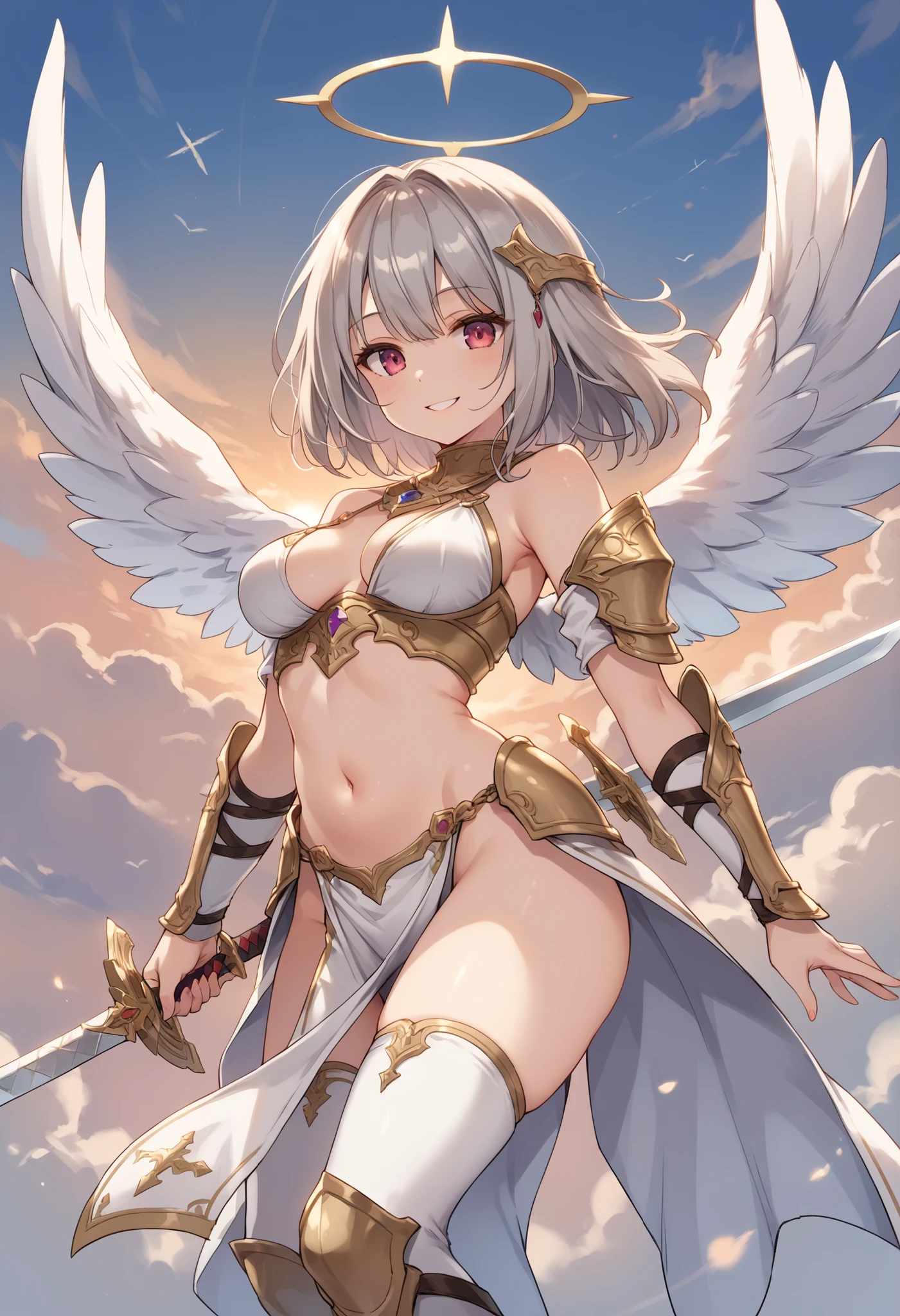 fantasy, 1angel_girl,child, loli,, medium_bob_hair, long_bangs, halo,bare_shoulder,thighhighs,silver_armor, waist_armor, large_breasts,angry,smile, grin,shiny_teeth,1pair_wings, dynamic_ pose_fighting,floating, bare_crotch, covered_nipples, covered_pussy,headgear,gauntlet, greaves,city_sky_background,slightly_spread_legs, solo, groin_naked,(masterpiece, best quality, best quality, official art, beautiful and aesthetic:1.2), (1 girl), very detailed,