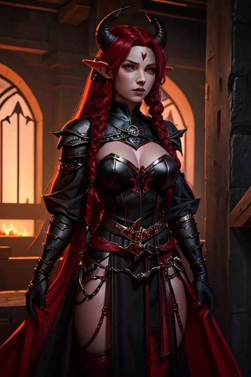 score_9, score_8_up, score_7_up, source_anime, source_explicit, Imposing and intimidating human female warrior with long red hair, dark armor and a sinister appearance like that of a villain. She is very attractive and alluring, but is in the service of an evil force. hyper detailed, gothic art, trending on artstation,intricate details, ultra detailed,, ultra detailed clothes, epic masterpiece, ultra detailed, intricate details, award winning, fantasy art concept masterpiece, trending on Artstation, digital art, unreal engine, 8k, ultra HD, centered image