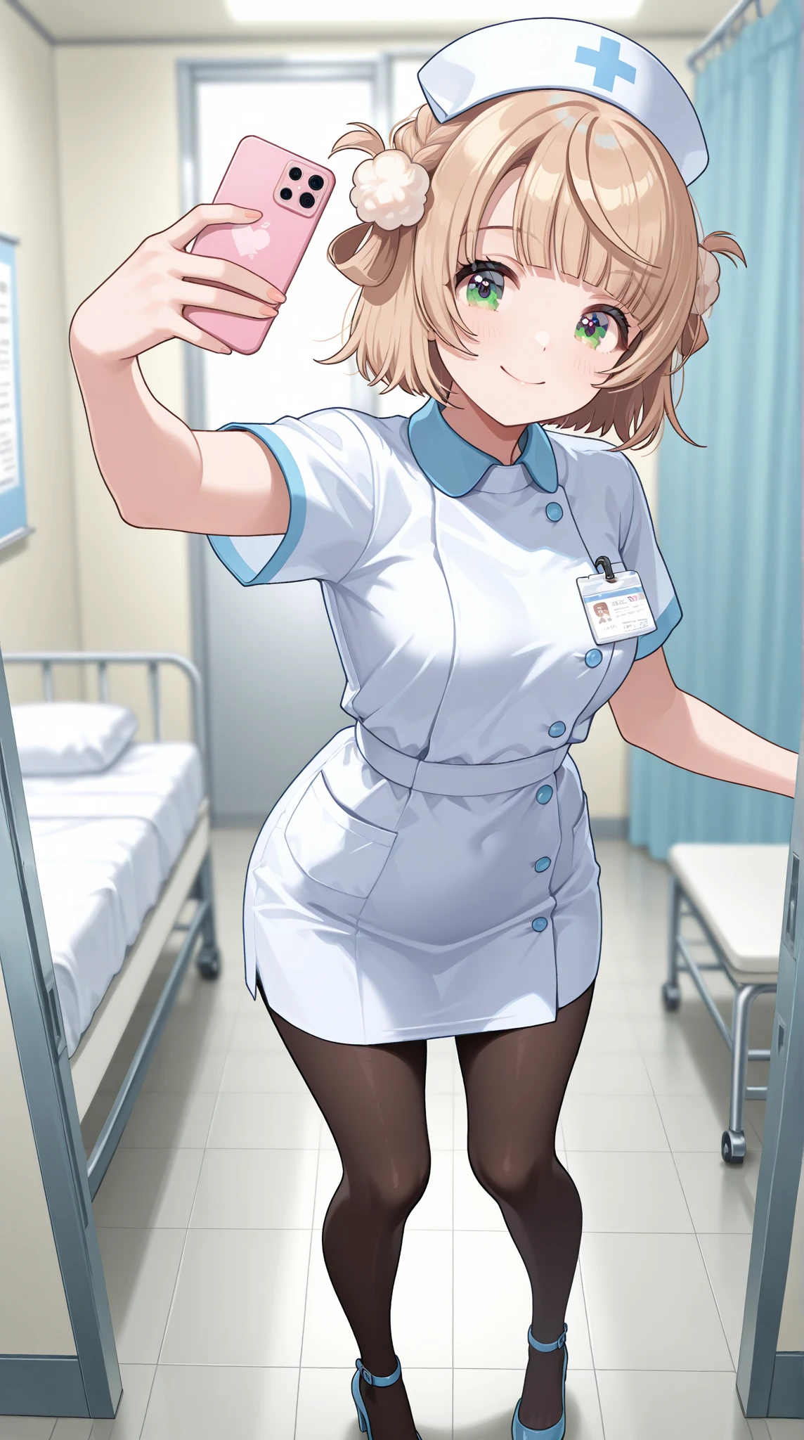 1woman, solo, nurse, white nurse cap, white nurse uniform, ((white legwear, zettai ryouiki)), white gloves, blonde hair, blue eyes, pink lips, smile, standing, ((hospital room)), sharp outline, short sleeves, mature female, 35 years old, best quality, masterpiece