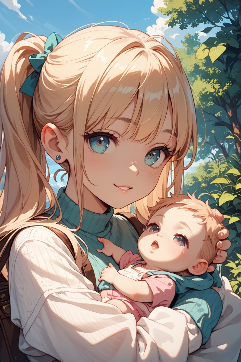 doting mother holding a baby,gently cradling baby in her arms,nurturing care for little ,warm motherly embrace,gentle touch of a mother's hands,affectionate gaze from mother's eyes,soft and delicate baby skin,sweet and innocent smile of the baby,adorned with a floral headband,loving bond between mother and ,peaceful and serene atmosphere,beautiful garden in bloom,colorful flowers in vibrant hues,lush green grass and blooming trees,sparkling sunlight filtering through the leaves,ethereal and dreamy ambiance,impressionist painting style,soft brushstrokes and vibrant colors of oil painting,warm and harmonious color palette,subtle play of light and shadows,masterpiece:1.2,ultra-detailed,realistic:1.37,vivid colors,sharp focus,studio lighting.