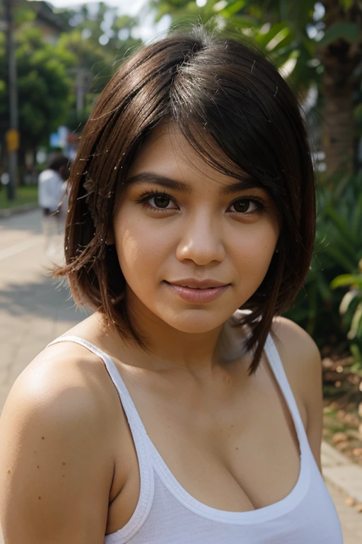 ((Best quality, 8k, Masterpiece :1.3)), ultra realistic, real life textures, photorealistic shot, of a gorgeous asian model, teasing pose, Sharp focus, full body shots , round hips, Sharp focus :1.2, A pretty woman with perfect figure :1.4, Slender abs :1.1, ((black layered hair, puffed breasts, ample cleavage :1.2)), (White skinny tight tshirt, v neck t-shirt :1.2) , Highly detailed face and skin texture, Detailed eyes, Double eyelid, dynamic rendering, bokeh background, poking nipples