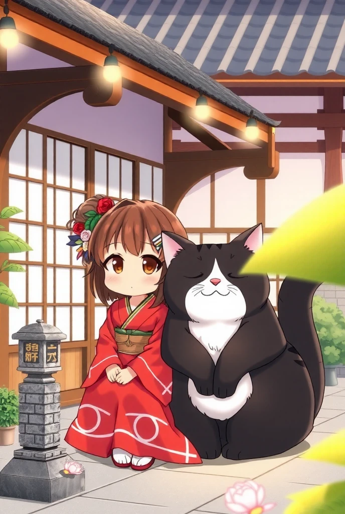 Japanese chibi anime, the Japanese girl in kimono is sitting at the terrace of the traditional Japanese antique house, with the giant fat cat\( extra giant tabby cat, fat, chubby, detailed, gentle smile, detailed eyes, sitting with the girl\), 日本のアニメスタイル, アニメ萌えアートスタイル, かわいい!! chibi!!! キャットガール, ゲームアート!!, かわいい, ピクシブ, ピクシブ contest winner, they are sitting and looking at the Japanese garden, stone lantern and some flowers in the garden