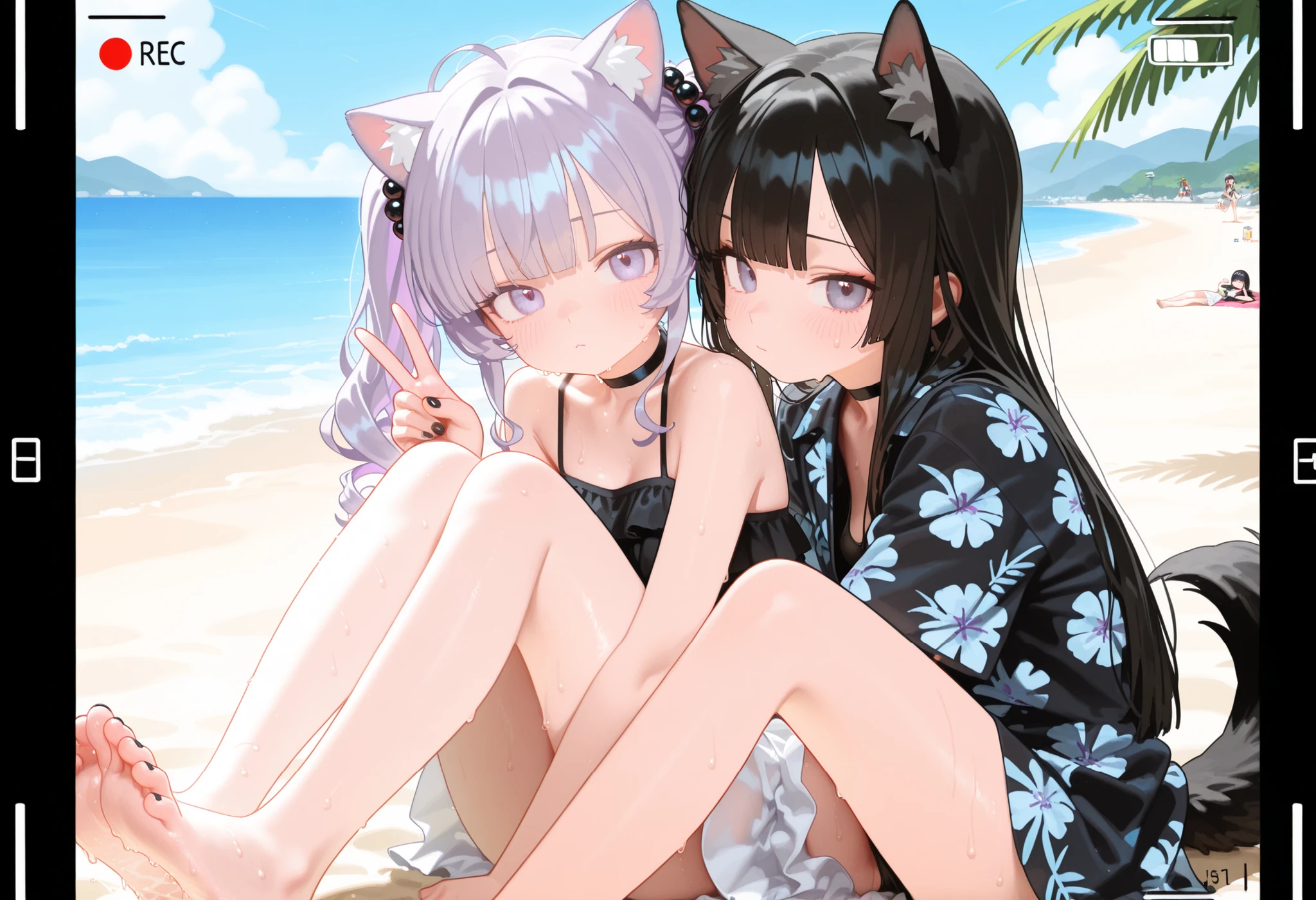 Two slightly young looking girls、They are playing together naked。 The left side of the image、It has raccoon ears on its head、Her hair is blue-gray with a raccoon pattern.、The hairstyle is short、The look on the face「Kemono Friends3」Similar to the raccoon dog、The color of the eyes is auburn、Wearing a collar with a blue ribbon、Has a raccoon tail on his butt。 The right side of the image、He has fox ears on his head、Her hair is orange-yellow and her bangs are slightly flipped outwards.、The hairstyle is long hair、The look on the face「Kemono Friends3」Similar to the Ezo red fox、The eye color is hazel、She wears a pink ribbon collar、Has a fox tail on his butt。 The background is a tropical beach with palm trees.、A composition that includes both people's entire bodies in the image、Both of them are posing cutely、They are having lesbian sex while flirting on the beach。 Moe drawings using pen and watercolor。