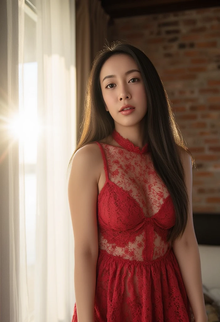 RAW, Best quality, high resolution, masterpiece: 1.3), beautiful Arabian woman, Masterpiece, rain, perfect wet soaked body, wet clothes, (big breasts:1.5), cleavage cutout, open breast, black chignon hair, open stand, realistic, (heavy hairy pubic:1.3), Soft smile, thick thighs, woman standing in the waterfall in a dark red batik patterned kebaya short dress, she is about 20 years old, pale white skin, wearing a sexy red kebaya dress, arms up