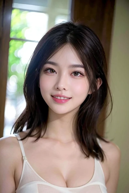 highest quality, masterpiece, Ultra-high resolution, (Realistic:1.4), (Close-up portrait) RAW Photos, 1 girl, 22 years old,Slender body,Large Breasts,((White dress)),((Long brown hair with straight bangs)),((Looking up at the audience)), Realistic pictures, ((Small breasts)),((Smiling with teeth showing)),Cleavage、Night view at night、Tokyo Tower