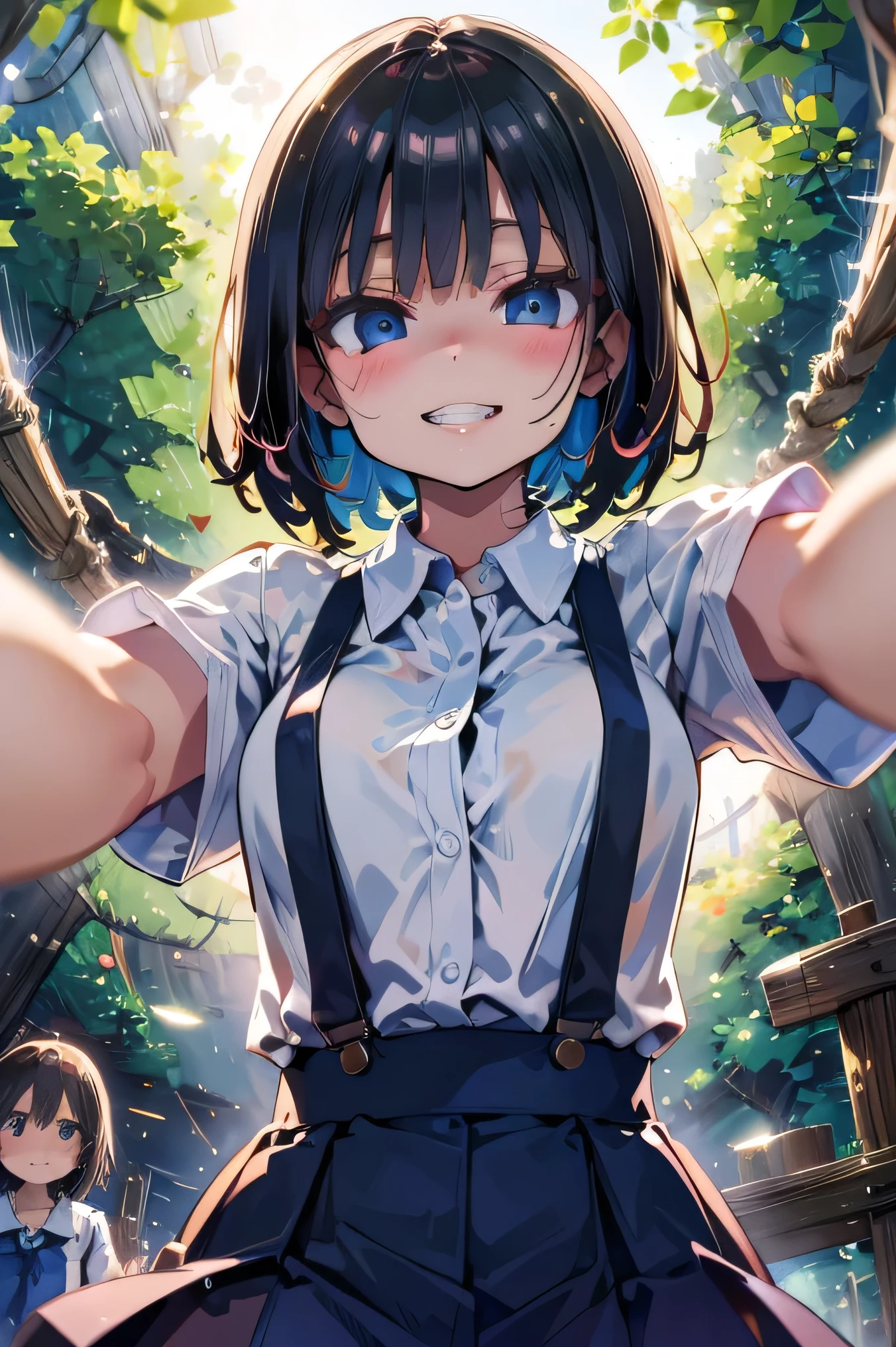 (pov),(close up face), (open arms for viewer), (upper body:1.2), (from below:1.5),(reaching out of frame:1.5), (spoken heart:1.4),
seductive grin smug, drunken eyes, (blush:1.4), half closed eyes,
hanako-san, bob cut, black hair, short sleeve,
high resolution, sharp focus, (ultra detailed, very detailed), (highly detailed CG unity 8k wallpaper), (((vibrant colors))), {best illustration},
beautiful eyes, ((complete anatomy)), ((complete anatomy)), perfect fingers, betterhand, (detailed body), (detailed face)), cute, small breasts,
shiny skin, very shiny skin, shiny body, plastic glitter skin, exaggerated shiny skin, illuminated skin, natural skin texture, realistic facial details,
dress shirt, red suspender skirt, short sleeve,
rural park, in the mountains, a deserted place, overgrown with weeds, benches, slides, rusty swings, a large playground made of wood and ropes,
a sandbox, shade, the cool morning air, soft sunlight,