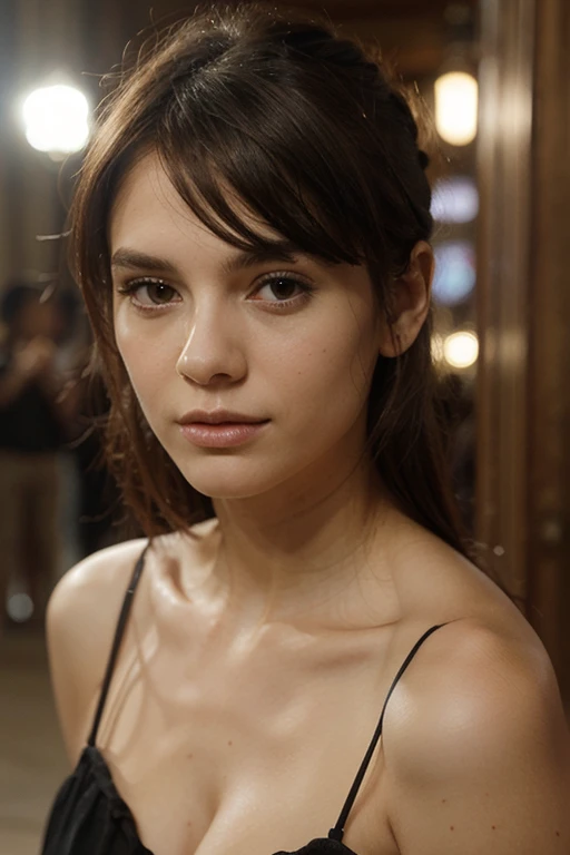 Alexandra Daddario with short brown hair, wearing a polka dot dress, slender figure, sad expression, detailed facial features, delicate skin, dramatic lighting, cinematic angle, high quality digital painting, muted color palette, photorealistic, 8k, masterpiece