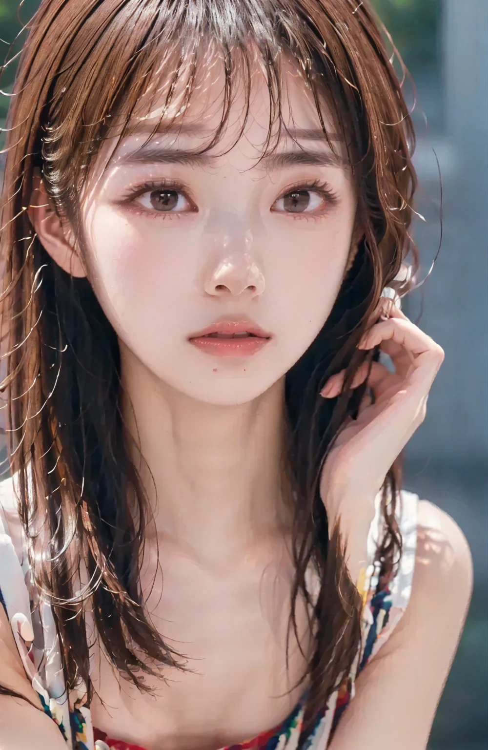 (Best quality, 4k, Masterpiece :1.3), pretty woman, 1girl, sexy :1.1, dark brown hair: 1.1, (rainy wet, wet from rain, wet body :1.2), white tank tops, ultra-detailed face, detailed lips, detailed eyes, double eyelid