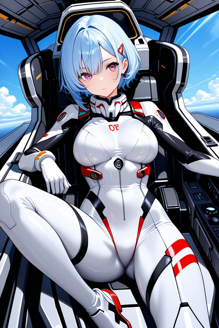(((masterpiece)))、(((Top image quality)))、(((top-quality)))、((Illustration of one girl))、(((Muscle Girl)))、(((blue silver short hair)))、Red eyes、((Tall))、(((Muscular and strong body)))、abdominals、((muscular and thick arms))、((muscular and thick legs))、((manspreading))、opening legs、(((White pilot suit)))、((Inside the cockpit))、(The Universe on the Monitor、Earth seen from space、Spaceport)