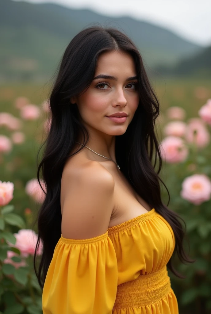 Cute young Latina girl,beautiful detailed eyes,beautiful detailed lips, full body posing shot, cleavage, extremely detailed eyes and face,long eyelashes,smiling at the viewer,(best quality,4k,8k,highres,masterpiece:1.2),ultra-detailed,(realistic,photorealistic,photo-realistic:1.37),HDR,UHD,studio lighting,ultra-fine painting,sharp focus,physically-based rendering,extreme detail description,professional,vivid colors,bokeh,portrait,flower dress,long black hair,joyful expression,soft natural lighting,gentle and warm color tone,park background,green grass,daytime scene,lively atmosphere