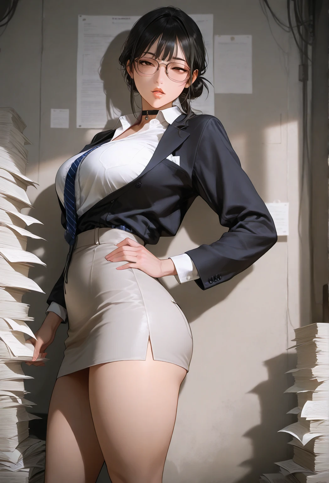 from side, best quality, 32k, RAW photo, incredibly absurdres, extremely detailed, delicate texture, beautiful lady, suck one's thumb pose, amorous and lewd expression, shy, wearing unbuttoned dress shirt and miniskirt tied at the waist, pose with butt sticking out, perfect body line, professional lighting