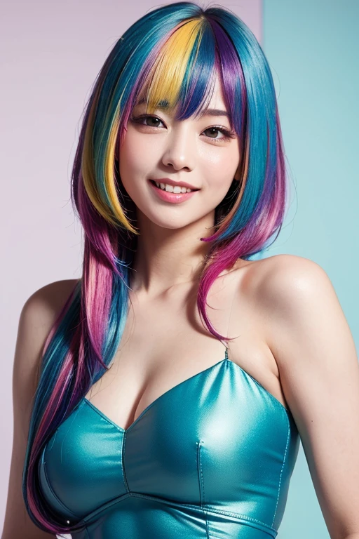 25 ans, ((detailed face, colorful rainbow hair:1.2)), yeux bleus, delicate, poudre de contour, sexy, French touch, cheveux de longueur moyenne, grains de beauté, sourire romantique, Seductive look, bonne couverture, éclairée par les flashs des photographes, skin details, pores de la peau, Appareil photo numérique Kodak Smile 10MP, cheveux moyens, rougit, (des mains parfaites), studio de peinture, topless, nsfw, bodypainting arc-en-ciel, magical world, fantasy world, super mario, magical forest