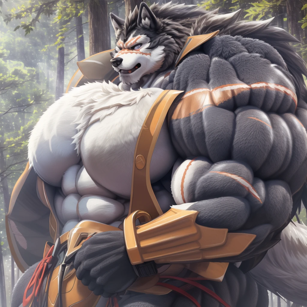 masterpiece,best quality,(1 boy:1.1),(Solitary:1.1),muscular male,Empty,8k HD,Extremely detailed,Detailed background,masterpiece,muscular,muscular anthro,grown up,(Looking at the audience:1.1),(single background:1.4), ::2],Solitary,Medium shot,whole body,(Fallen Leaves:1.1),Grass,stream,(river:1.1),
(langshu:1.3),Wolf Boy,beard,Thick eyebrows,Gray body,Wolf ears,White hair,Long hair,Wolf Tail,nail,author：(lindong:0.3),author：(null-ghost:0.7)