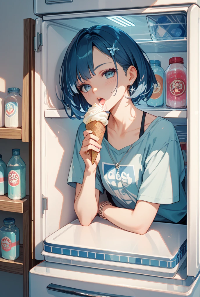 (masterpiece, best quality), 1girl, Teal blue Afro, Size C breasts, <lora:girllikeicecreammachine:0.8> (((2girls))), (((ice cream machine))), (((clerk's hand holding a ice cream))), (((dripping))), ((splash)), (baseball cap), tied shirt, denim shorts, parted lips, drooling, sweat, ocean park,