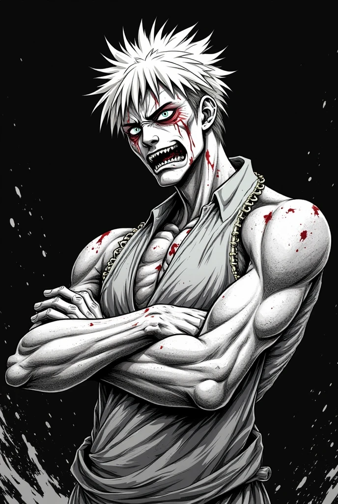The image is anime style cowboy bebop and Darker than black with shadows and dim lights, anime style although somewhat adult and dark, It shows a 20-year-old man with many scars on his face.. Blonde Black Eyes. He is standing in the middle of a dark forest. From his body come out, swords emerge, knives and pocket knives. He shows himself to be aggressive.
