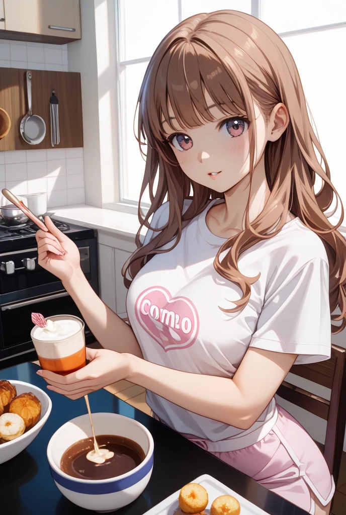 Brown long-haired。I'm at home。Eating snacks。blushing。Looking straight forward。wearing underwear。Flirty