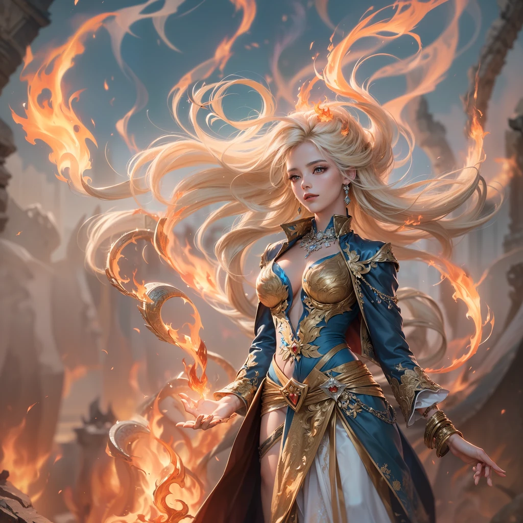 Beautiful woman, blonde, long hair, bangs hair, strong, beautiful, super girl DC comics, blue and red swimsuit, , red and gold robe, energy, action, impactful, floating in the air, from below, night energy --auto --s2