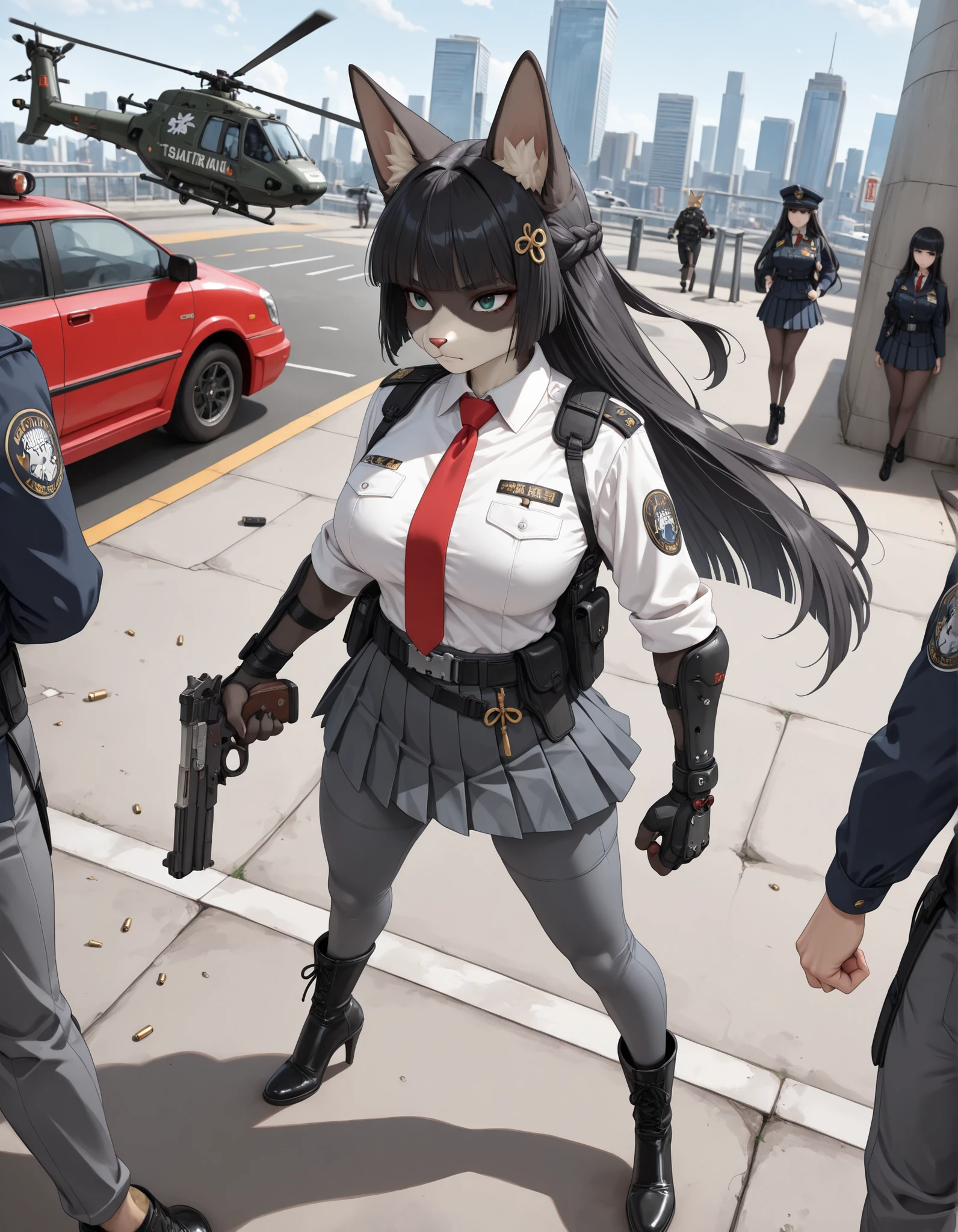 (masterpiece, best quality), intricate details, detailed background, high res, 4k, 8k, solo focus, 1girl, female samurai, Japanese military officer, (furry cat ears:1.2), college-aged female, ((long hair, black hair, hair ornament)), white-collared shirt, red necktie, shoulder holster, (full dark grey leggings), (pleated skirt:1.4, biker shorts:1.3), (dark grey high heel boots), ((dual weilding beretta 92fs pistols)), aggressive battle stance, Tokyo skyline, wharf, (a military helicopter hovering above:1.2), concrete ground riddle with bullet holes, dutch angle, intense atmosphere, intense expressive. Action shot. hsmyb, teal eyes, blunt bangs, sidelocks, half-up braid, standard breasts,